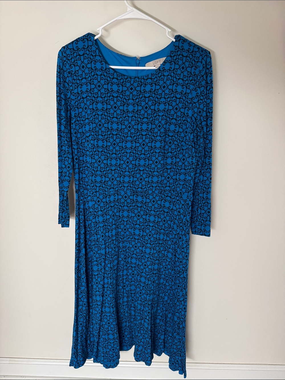 LOFT Blue Printed Long-Sleeve Midi Dress